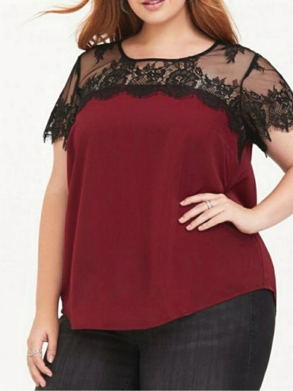 TORRID Short Sleeve Red Satin With Lace Trim Blouse size 1 - 14/16